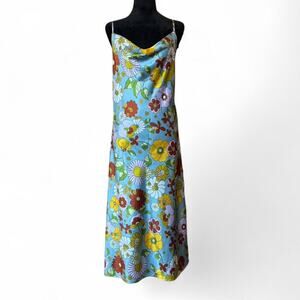 Fitted Blue Floral Slip Dress – Retro Floral Maxi[L]